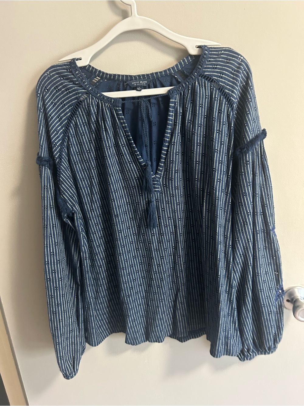 Lucky Brand Indigo Striped Peasant Top